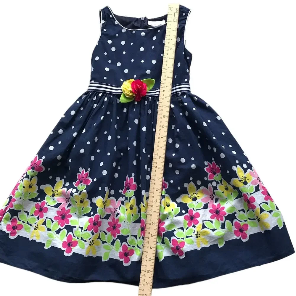 Youngland Dress Navy Blue Floral Polka Dots Sleeveless A-Line Girls Size 6X